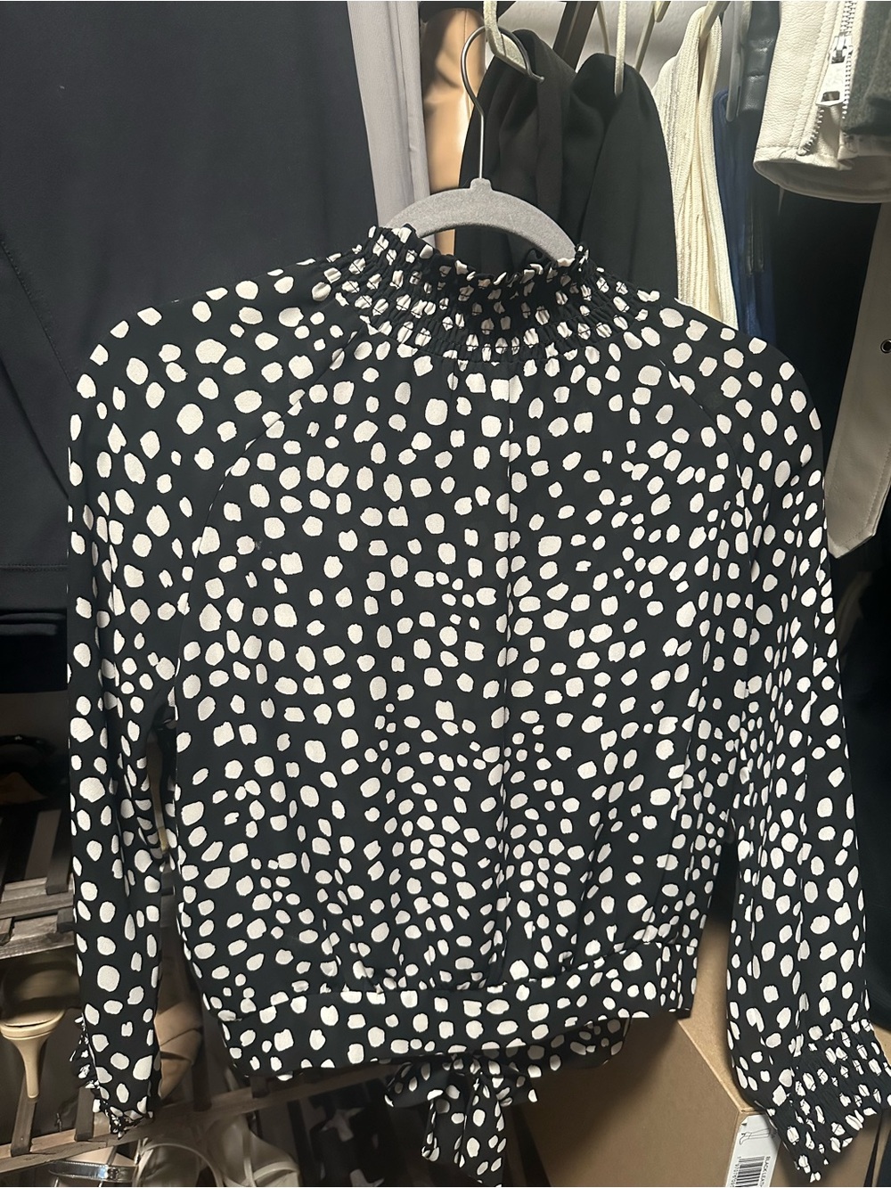 DR2 Black and White Smocked-Neck Polka Dot Blouse